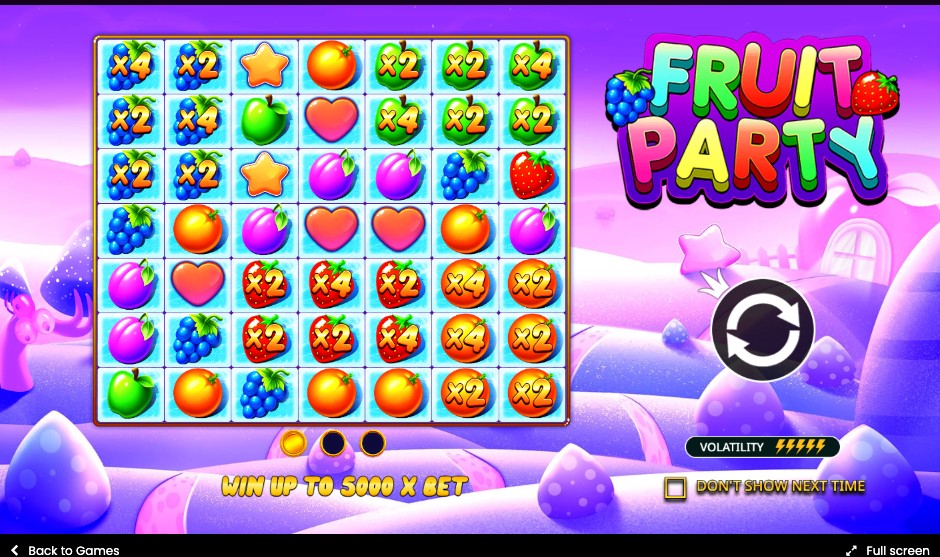 Fruit Party grid covered in X2 and X4 multiplier tiles alongside the Fruit Party logo and win up to 5000x bet banner