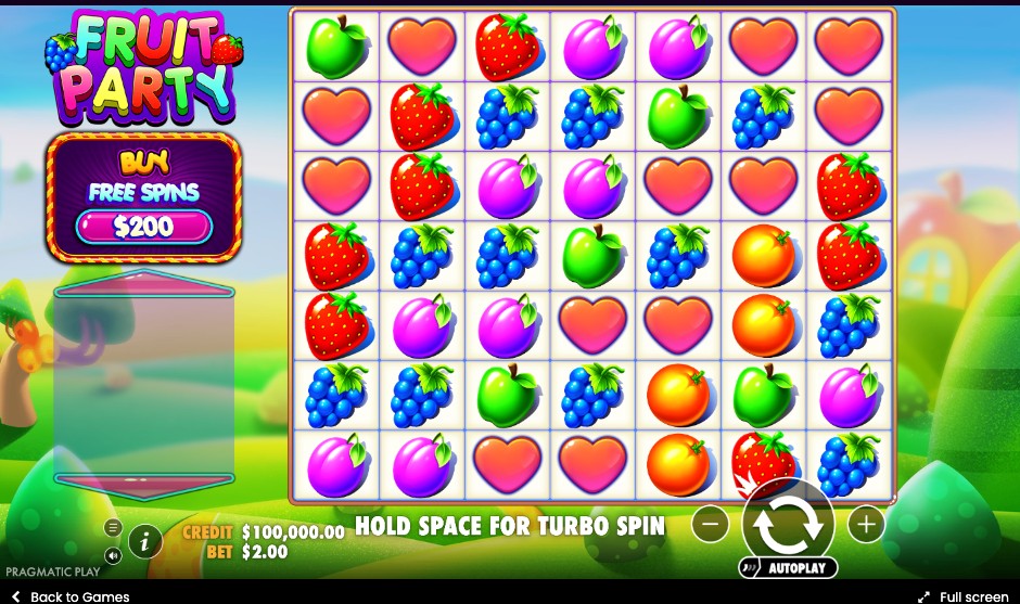 Fruit Party base game 7x7 grid showing apples, strawberries, grapes, plums, oranges and stars
