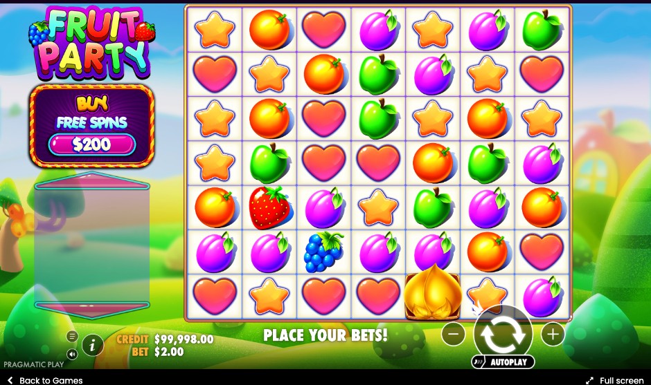 Fruit Party grid with a Golden Fruit scatter symbol visible among the fruit clusters