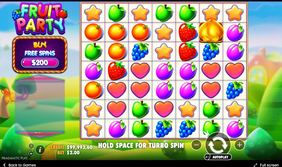 Fruit Party grid showing a Golden Fruit scatter symbol during the base game with the Buy Free Spins button visible