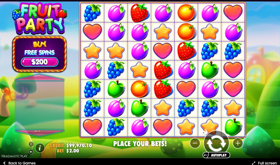 Fruit Party grid after a tumble showing a fresh mix of fruit symbols across the 7x7 board