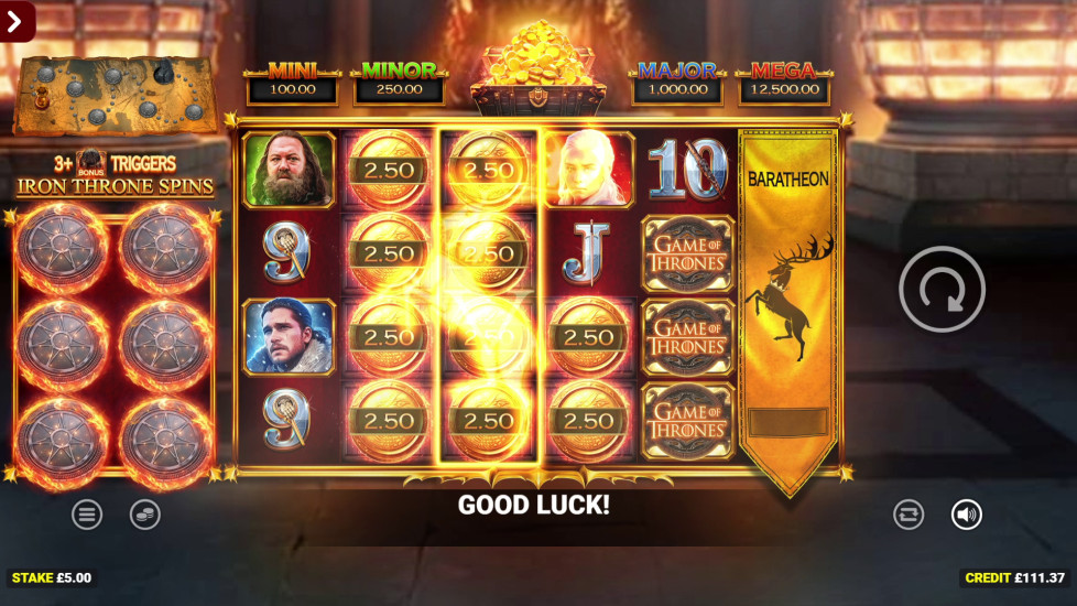 Game of Thrones slot Iron Throne Spins bonus round showing multiple house collect features active simultaneously
