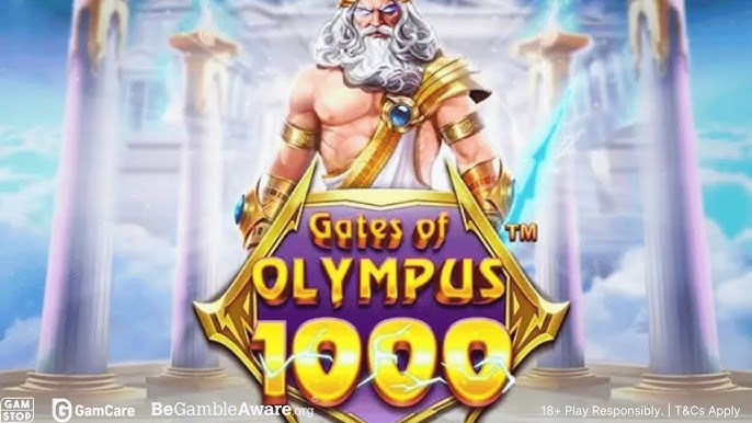 Gates of Olympus 1000 logo art showing Zeus standing before temple pillars with lightning bolts