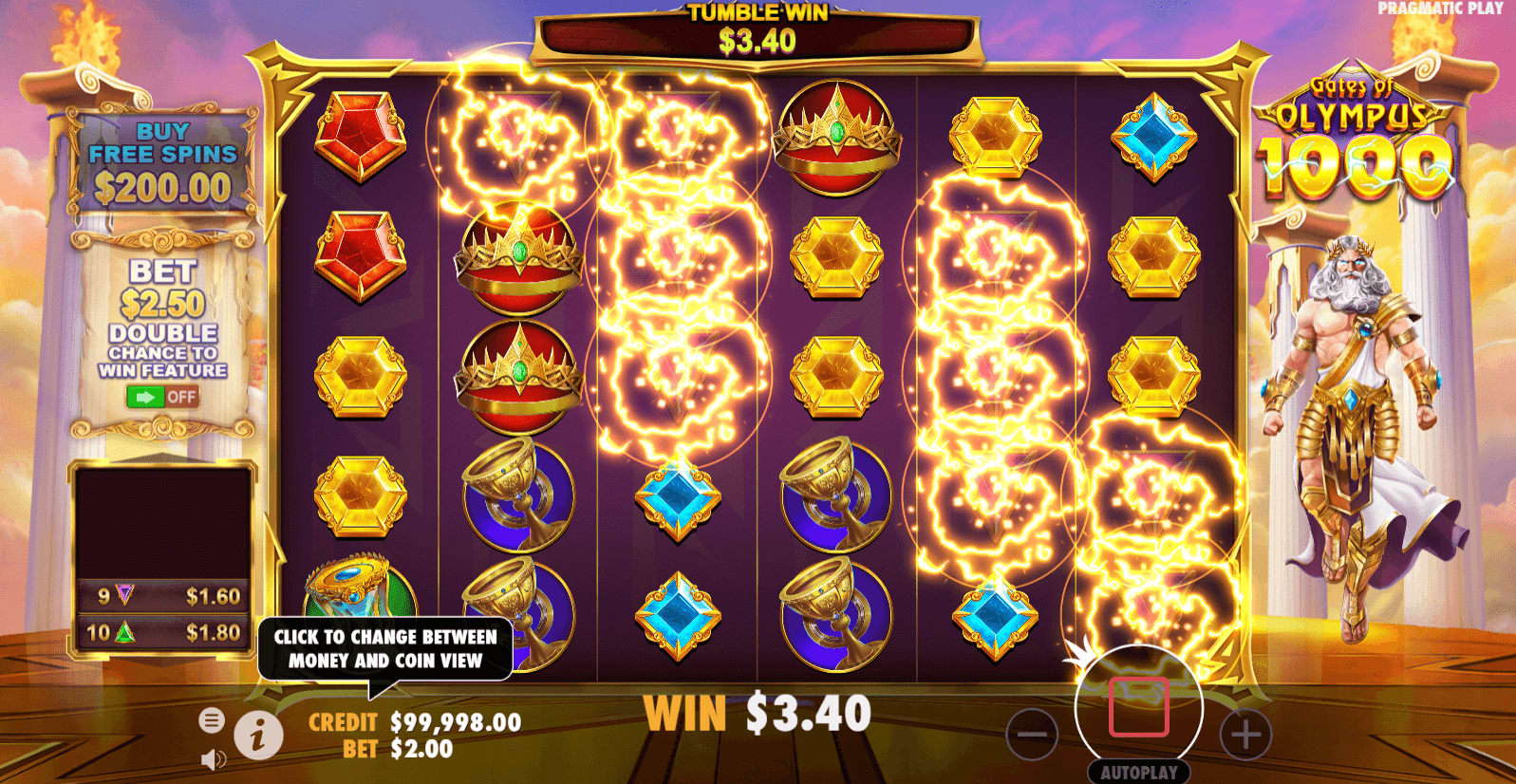 Gates of Olympus 1000 tumble win showing multiple multiplier symbols glowing gold across the reels