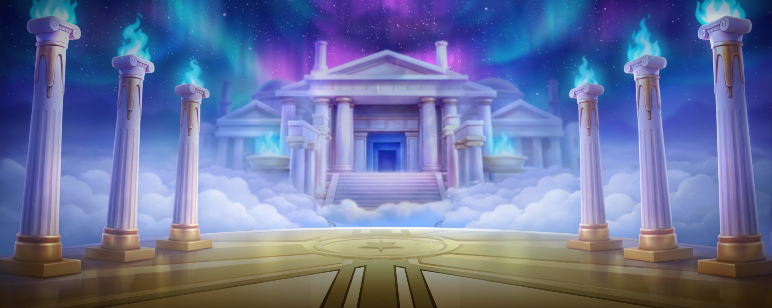 Gates of Olympus POP's cloud temple background artwork above the Olympus reel set