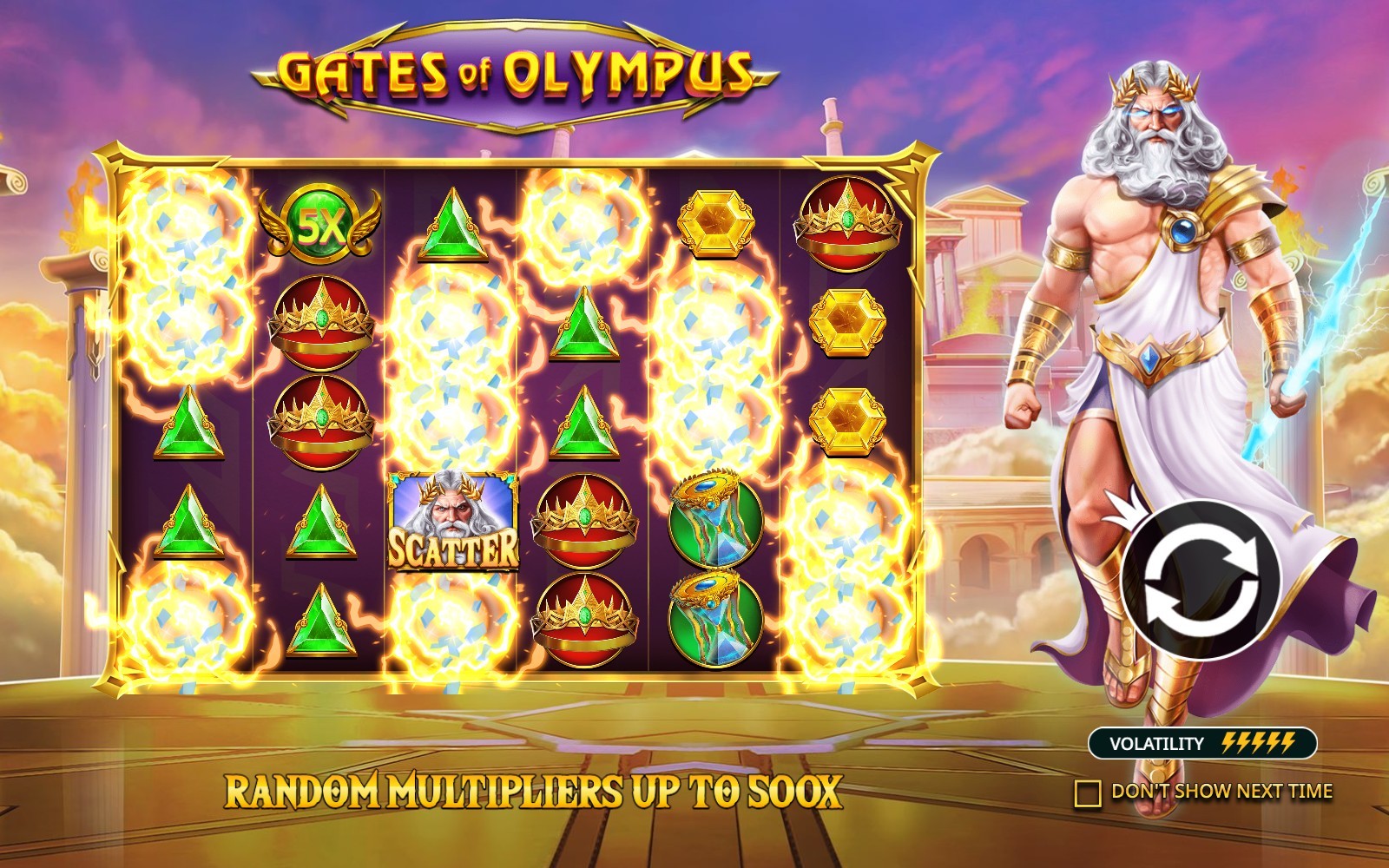 Gates of Olympus intro screen reading Random Multipliers Up To 500x, with a green 5x orb symbol and the Zeus scatter visible on the grid