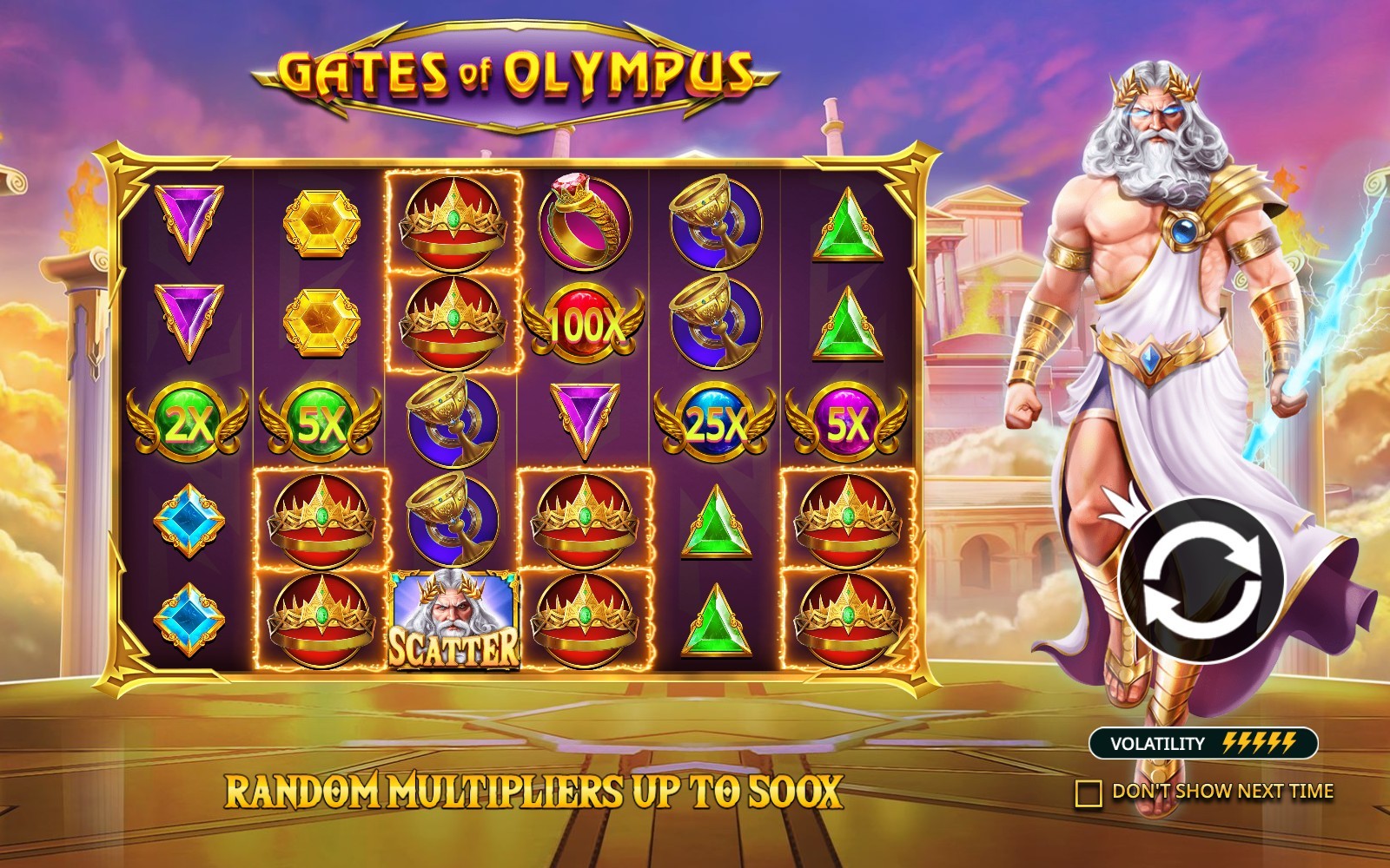 Gates of Olympus grid populated with 100x, 25x, 5x and 2x multiplier orb symbols alongside gem symbols and the Zeus scatter