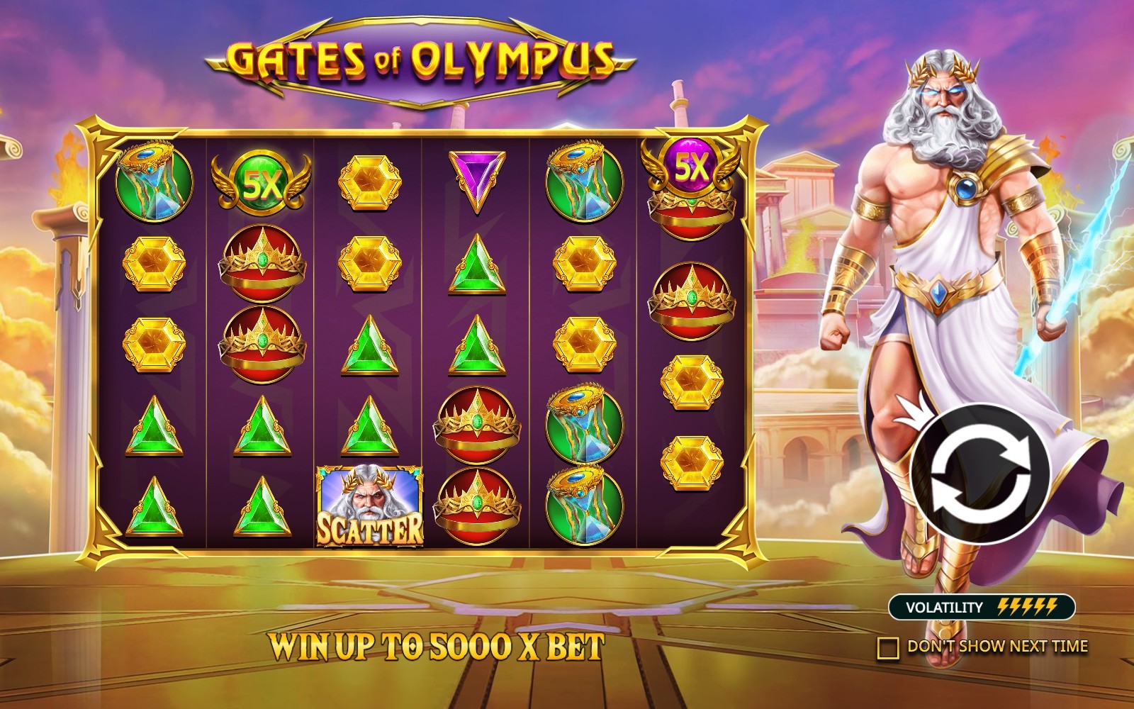 Gates of Olympus splash screen showing a Win Up To 5000x Bet banner with 5x multiplier orb symbols and the Zeus scatter