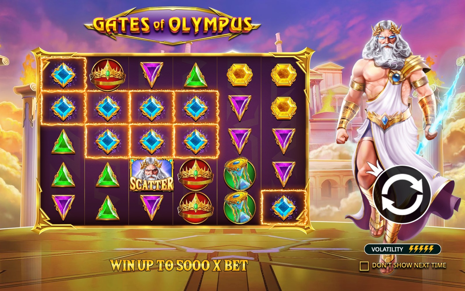 Gates of Olympus grid showing a cluster of matching blue diamond gem symbols across several reels