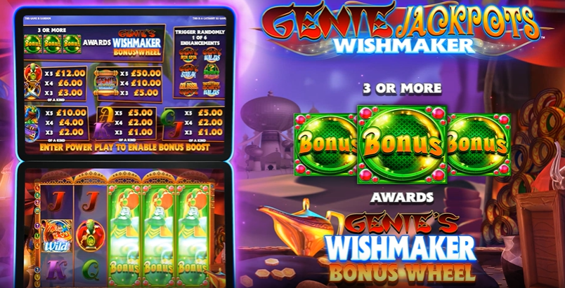 Genie Jackpots Wishmaker Bonus Wheel screen showing the paytable and the Wishmaker Bonus Wheel feature triggered by 3 or more bonus symbols