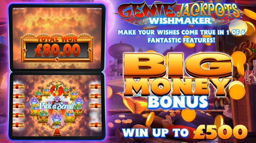 Genie Jackpots Wishmaker Big Money Bonus pick-a-scroll screen showing a total win of £80 and prizes up to £500