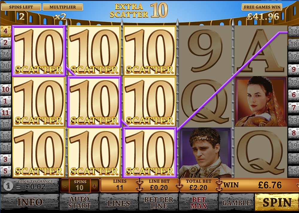 Gladiator slot base game reels showing Coliseum scatter symbols lined up across three rows with a scatter win triggering