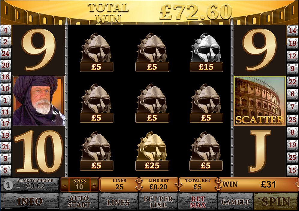 Gladiator slot Gladiator Bonus helmet pick screen showing gold, silver and bronze helmets with cash prizes underneath