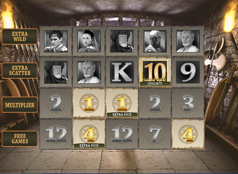 Gladiator slot Coliseum Bonus pick-a-stone screen with rows labelled Extra Wild, Extra Scatter, Multiplier and Free Games