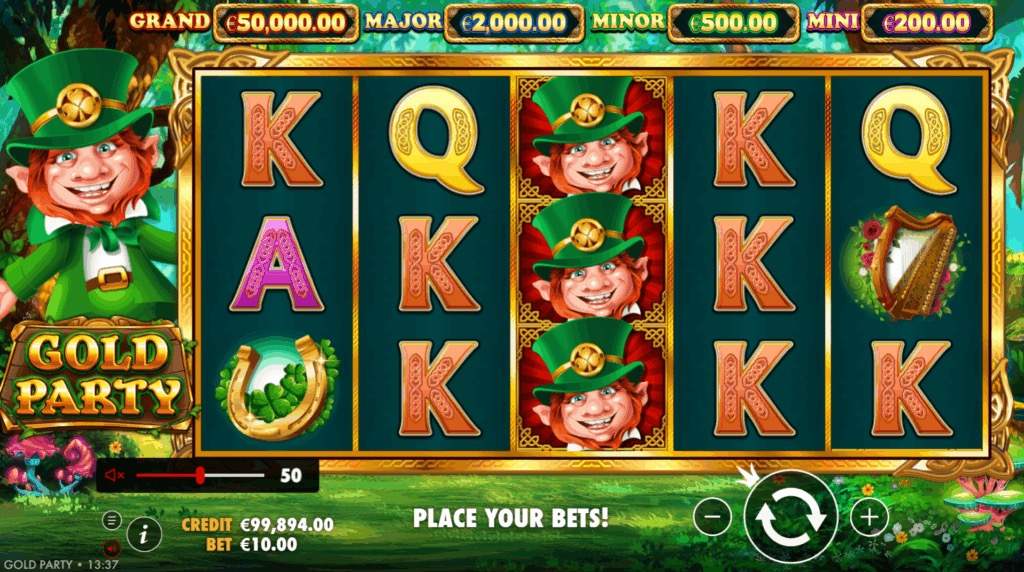 Gold Party base game reels showing the leprechaun mascot, royal card symbols, and the four jackpot value display above the grid