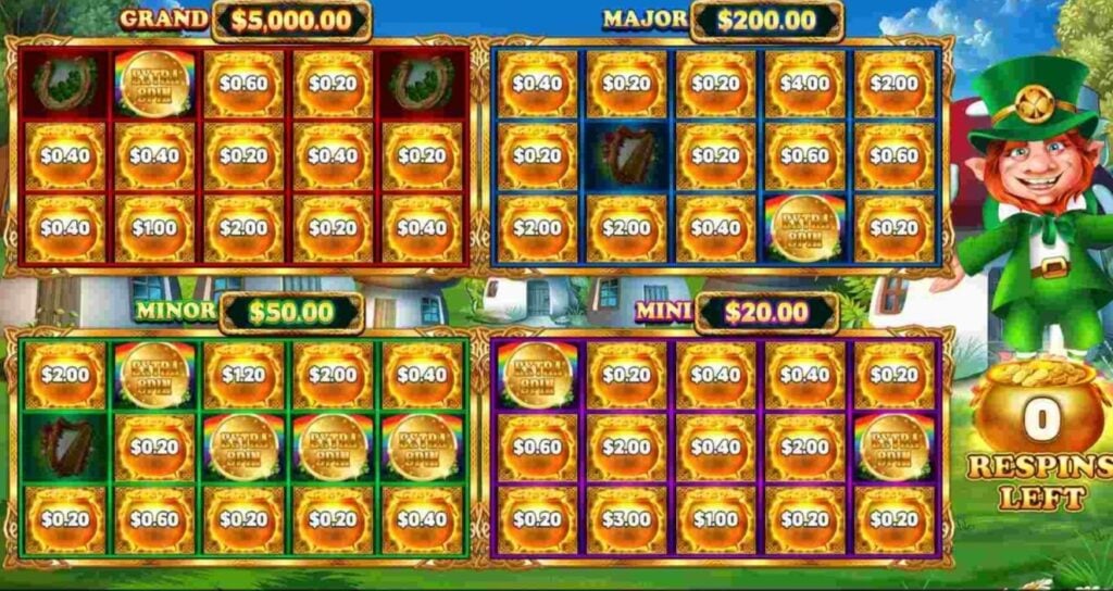 Gold Party Money Respin bonus round showing four separate jackpot matrices labelled Grand, Major, Minor, and Mini with cash values on each cell