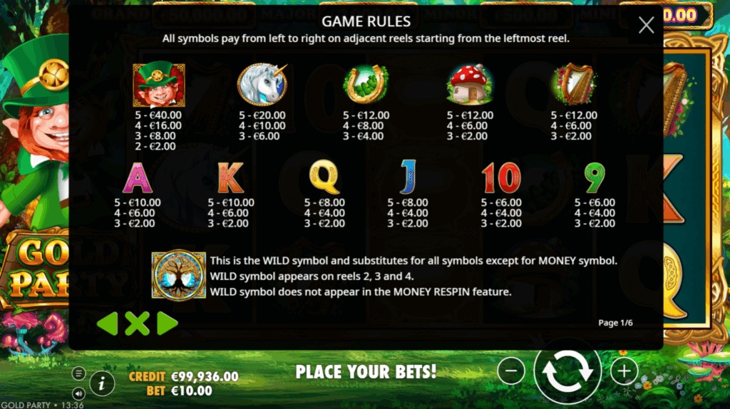 Gold Party in-game paytable overlay listing symbol payouts and the Wild symbol substitution rules