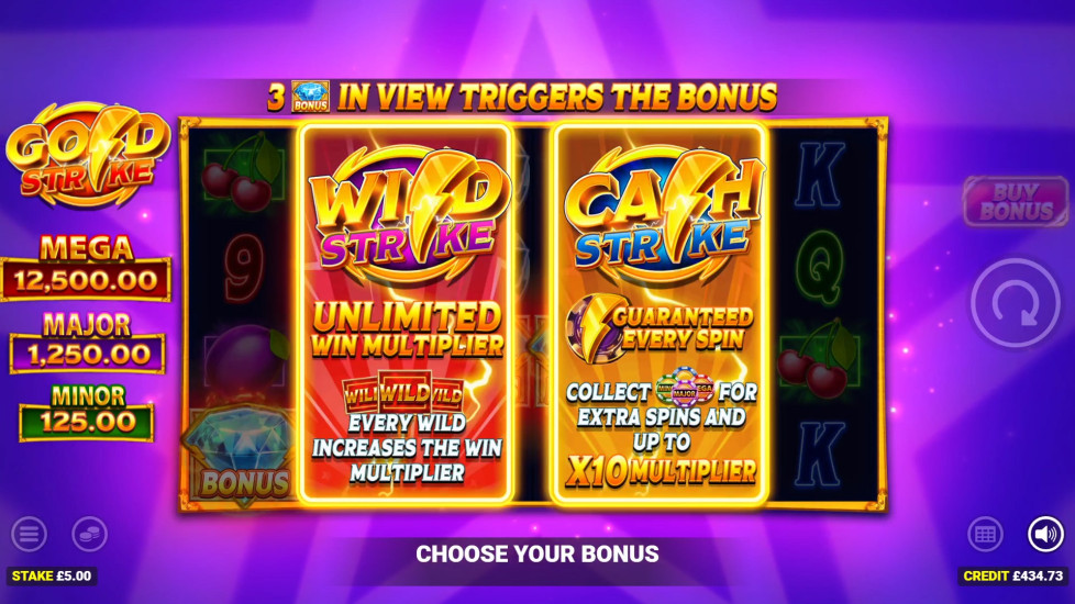 Gold Strike slot showing Gold Cash symbols being awarded when a Collect symbol lands on reel 1 or 6