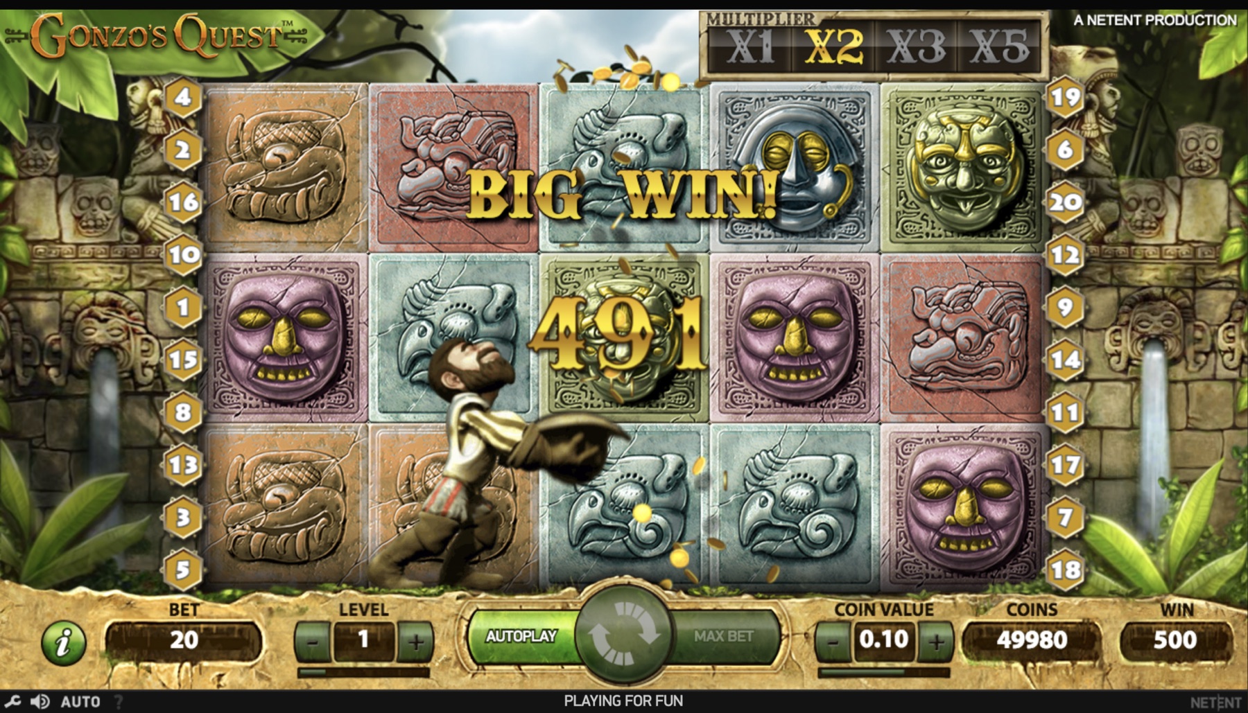 Gonzo's Quest Avalanche feature showing symbols exploding and cascading down the reels
