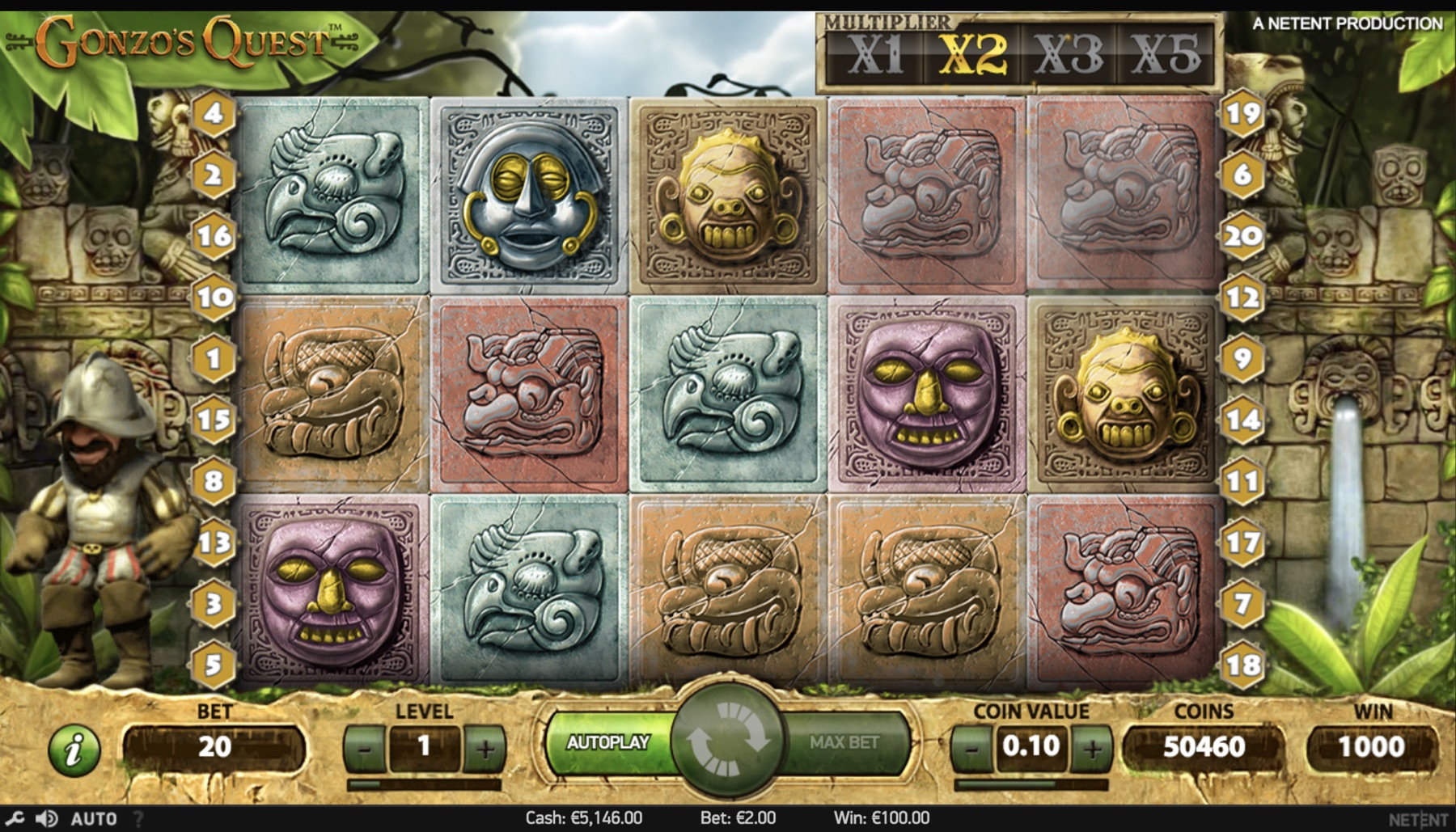 Gonzo's Quest reels mid-Avalanche with several symbols cleared from the grid