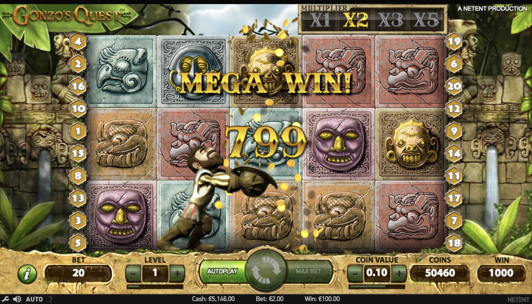 Gonzo's Quest game screen showing the win multiplier progress bar and stonework art direction