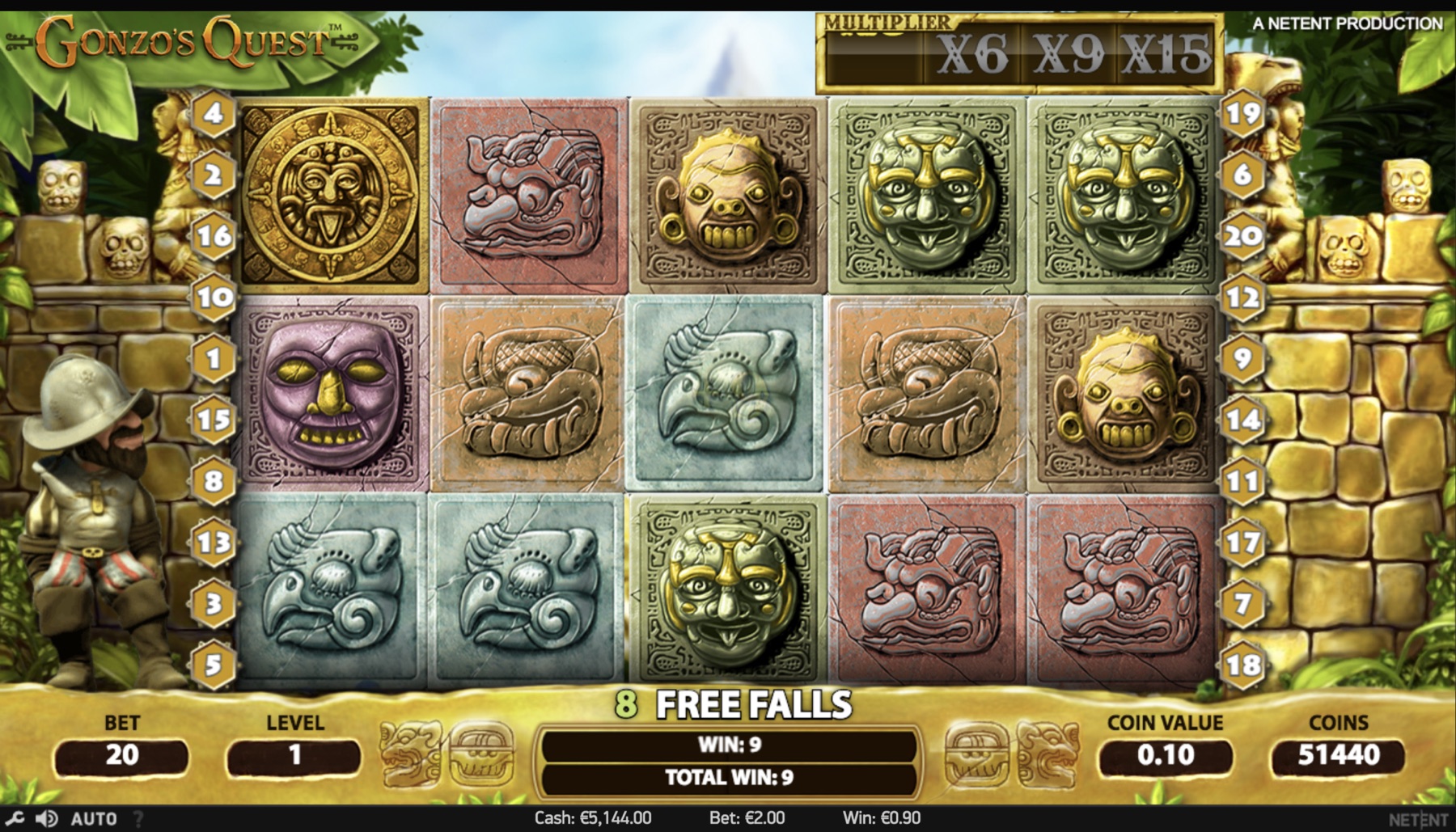 Gonzo's Quest Free Fall Feature bonus round with an elevated win multiplier