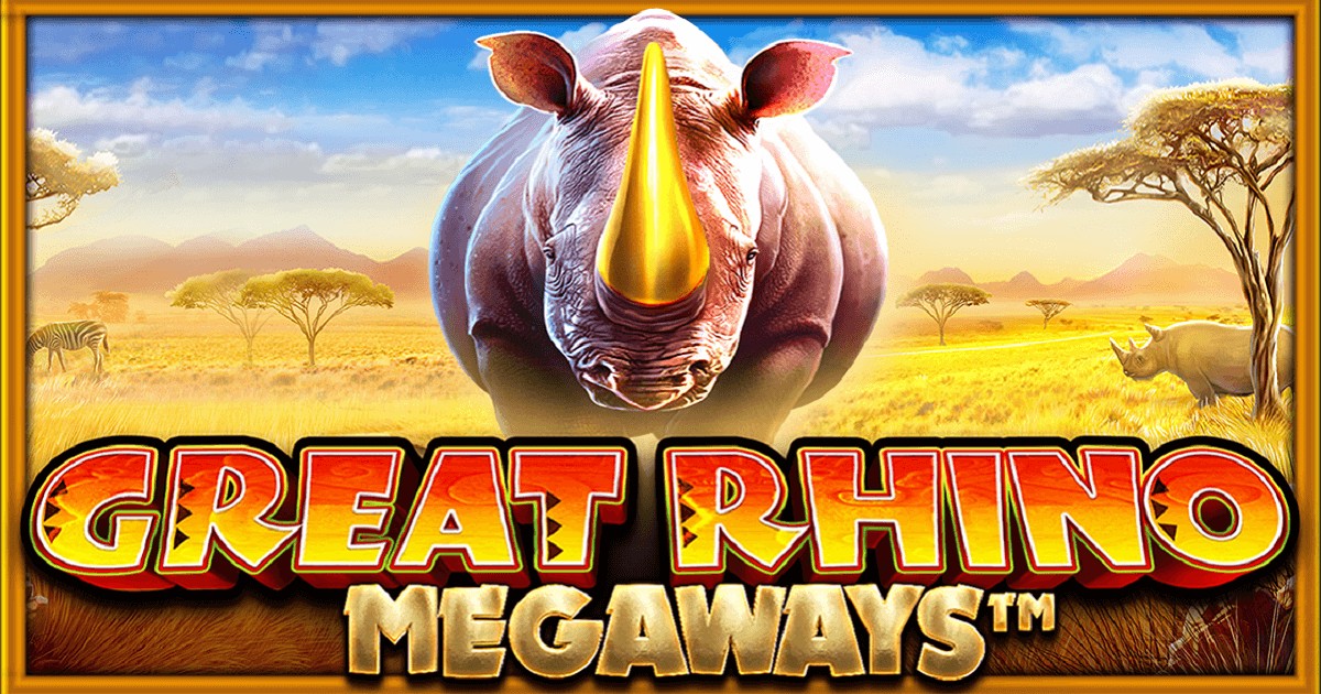 Great Rhino Megaways official key art showing a rhino facing the camera on the African savanna, with zebras and acacia trees in the background
