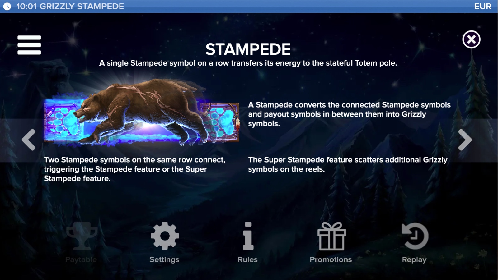 Grizzly Stampede rules screen showing a bear charging between two paw-print Stampede symbols
