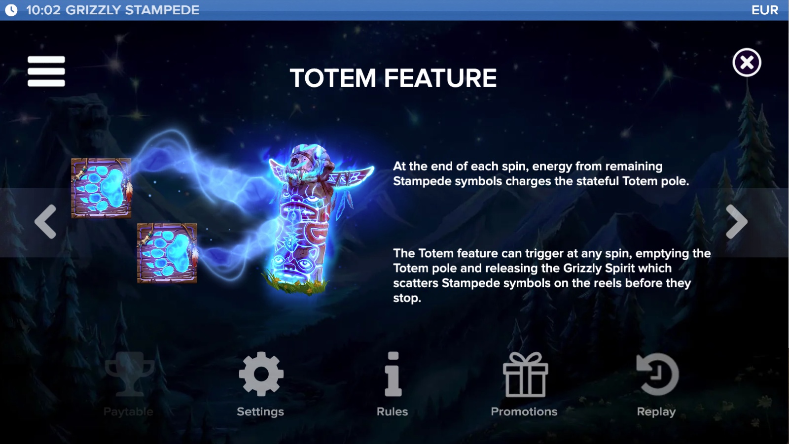 Grizzly Stampede Totem feature rules screen showing Stampede symbol energy flowing into a glowing totem pole