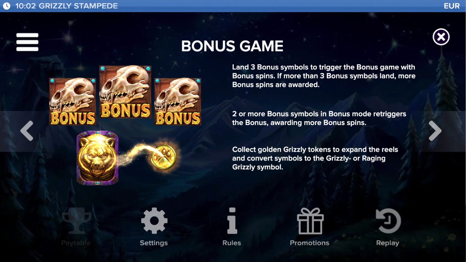 Grizzly Stampede Bonus game rules screen showing three skull Bonus symbols and a golden Grizzly token