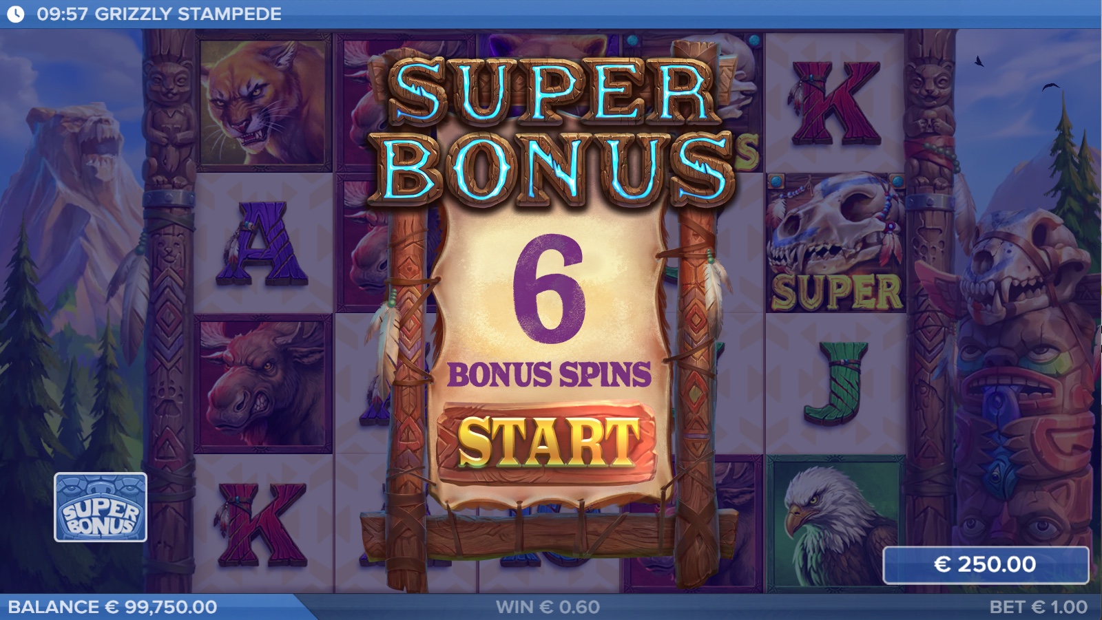 Grizzly Stampede Super Bonus start screen showing 6 bonus spins awarded