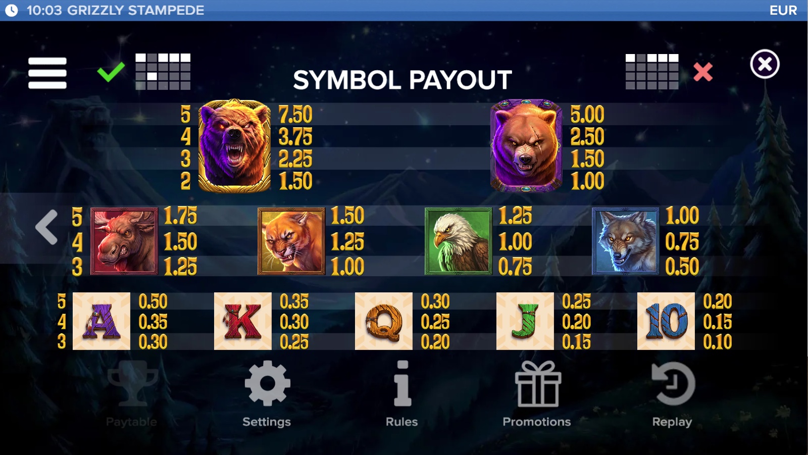 Grizzly Stampede symbol payout screen listing Raging Grizzly, Grizzly, moose, cougar, eagle, wolf and royal symbol values
