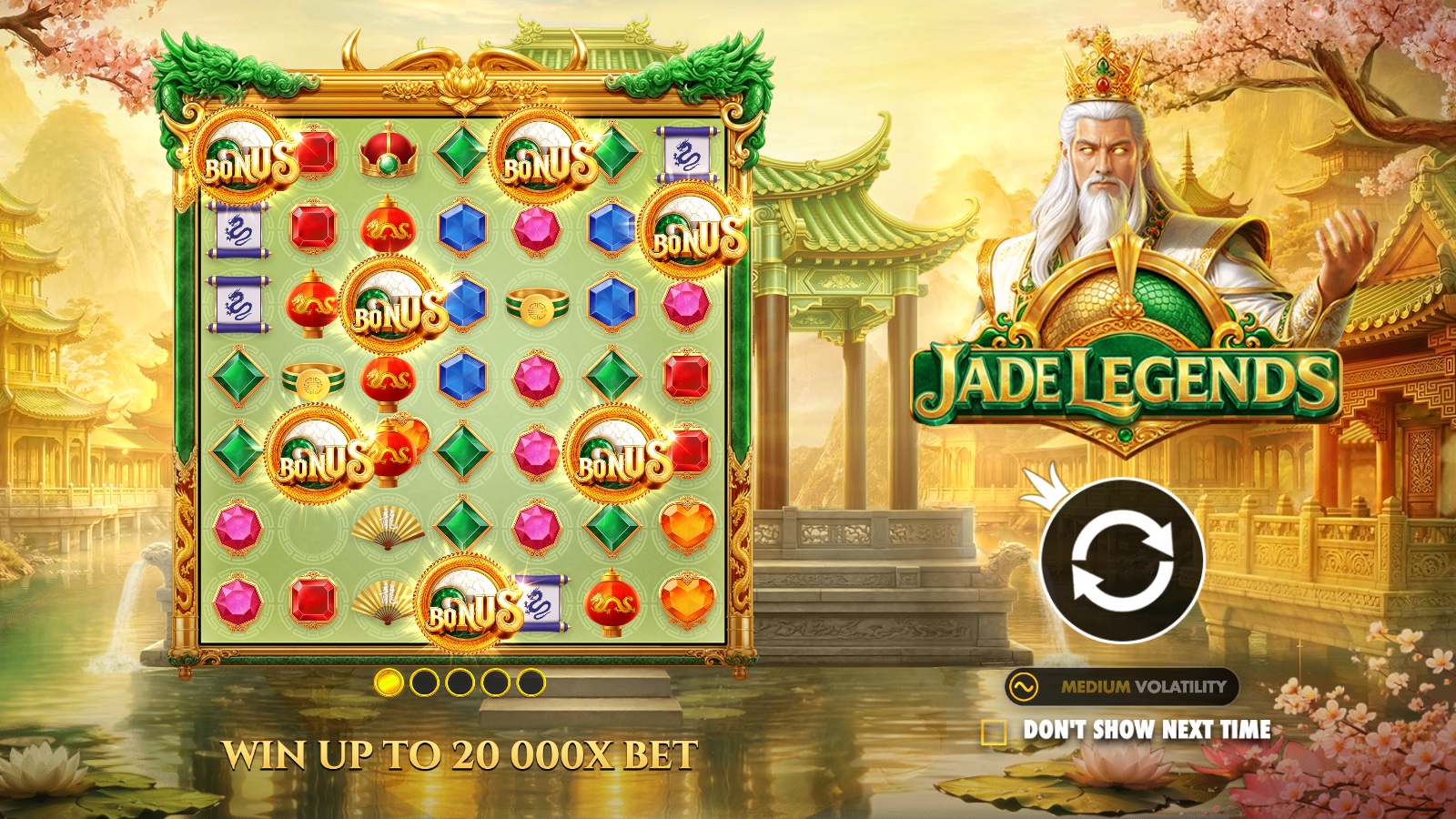 Jade Legends intro screen showing the emperor, the game logo, the 7x7 grid and the 20,000x max win and medium volatility labels