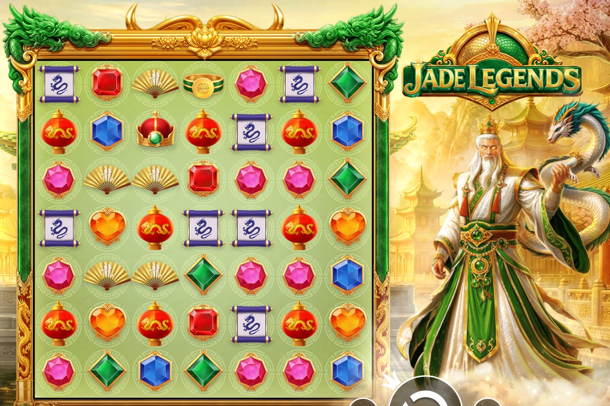 Jade Legends base game grid with gemstone, lantern, scroll and fan symbols beside the emperor and dragon