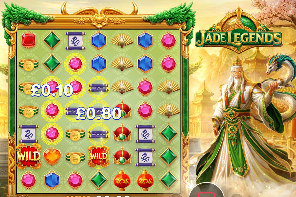 Jade Legends base game showing gold-ringed marked positions after a cluster win, with two Wild symbols on the grid