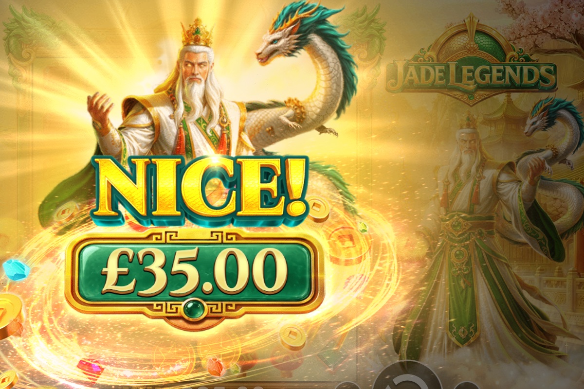 Jade Legends win celebration screen showing the emperor and dragon with a jade plaque displaying the win amount