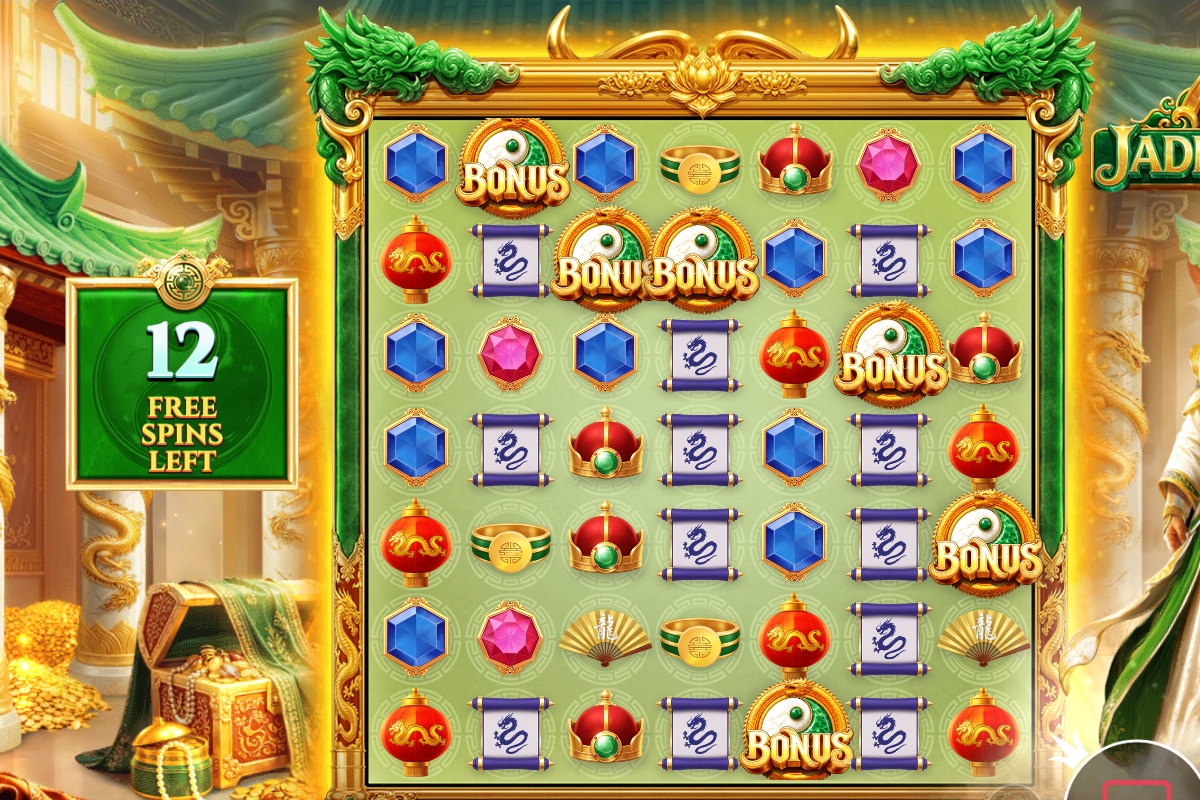 Jade Legends free spins round with 12 spins remaining, several Bonus symbols on the grid and a treasure-filled palace backdrop