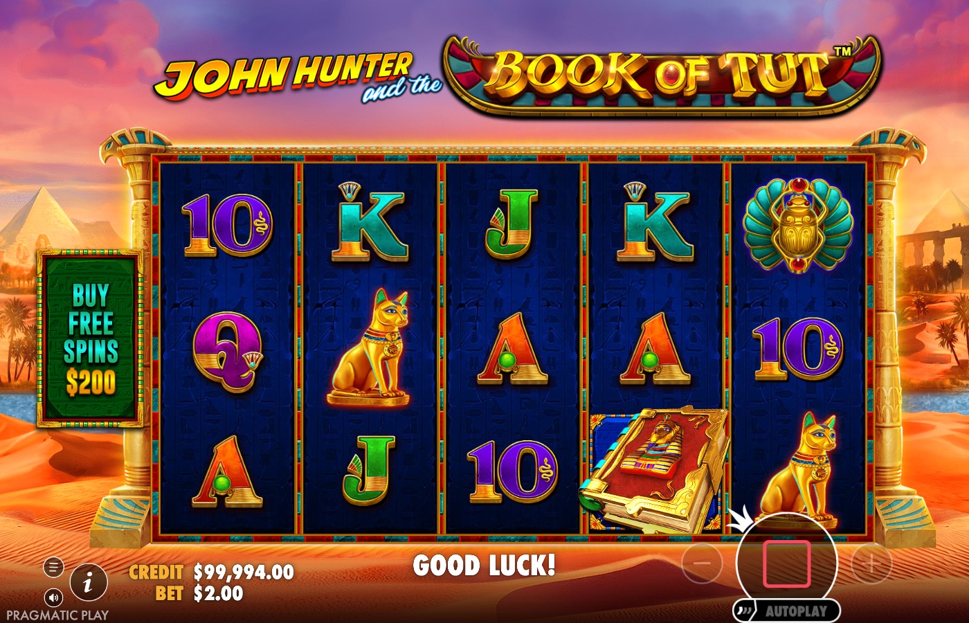 John Hunter and the Book of Tut screenshot showing the Book of Tut wild and scatter symbol landing on the reels
