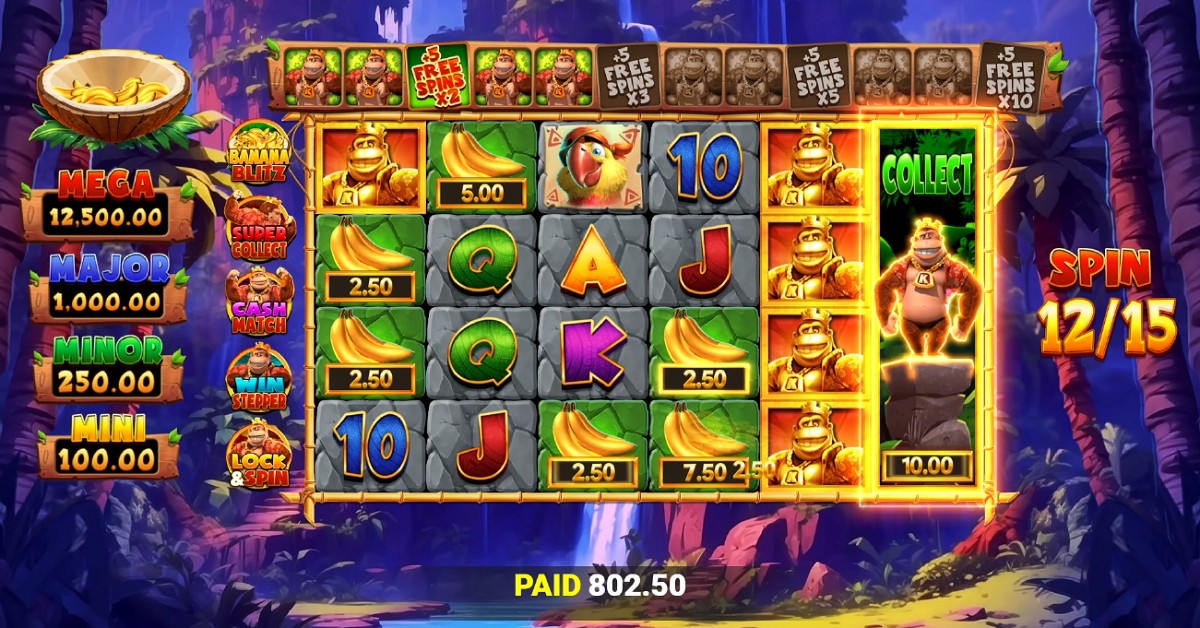 King Kong Cash Even Bigger Bananas 2 gameplay screenshot showing the reels mid-feature with a jackpot ladder, Kong Collect meter, and free spins multiplier trail