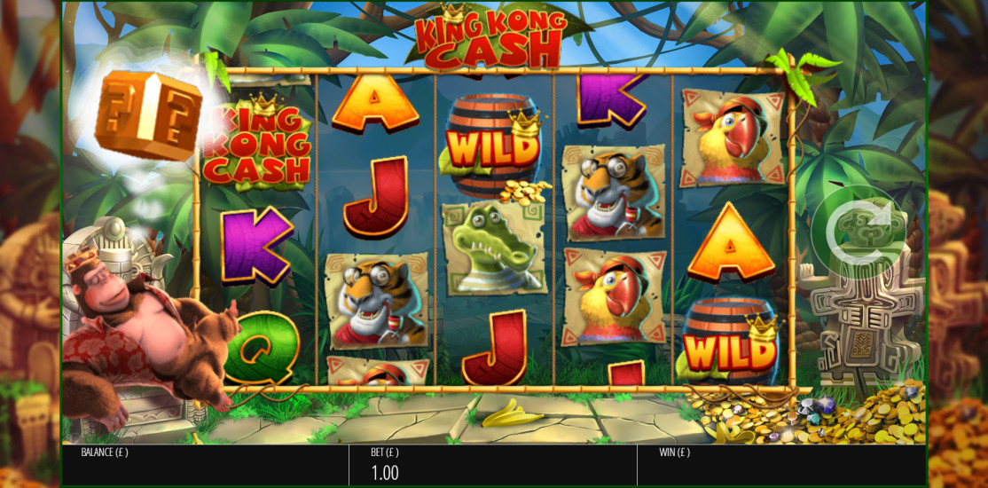 King Kong Cash slot base game showing a reel modifier triggering with banana and jungle symbols