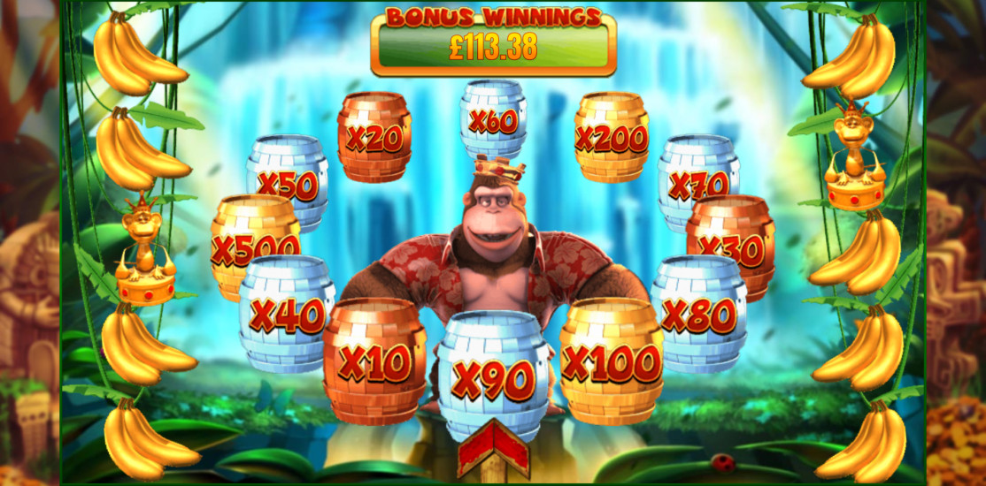King Kong Cash slot free spins feature showing golden jungle symbols and win multiplier