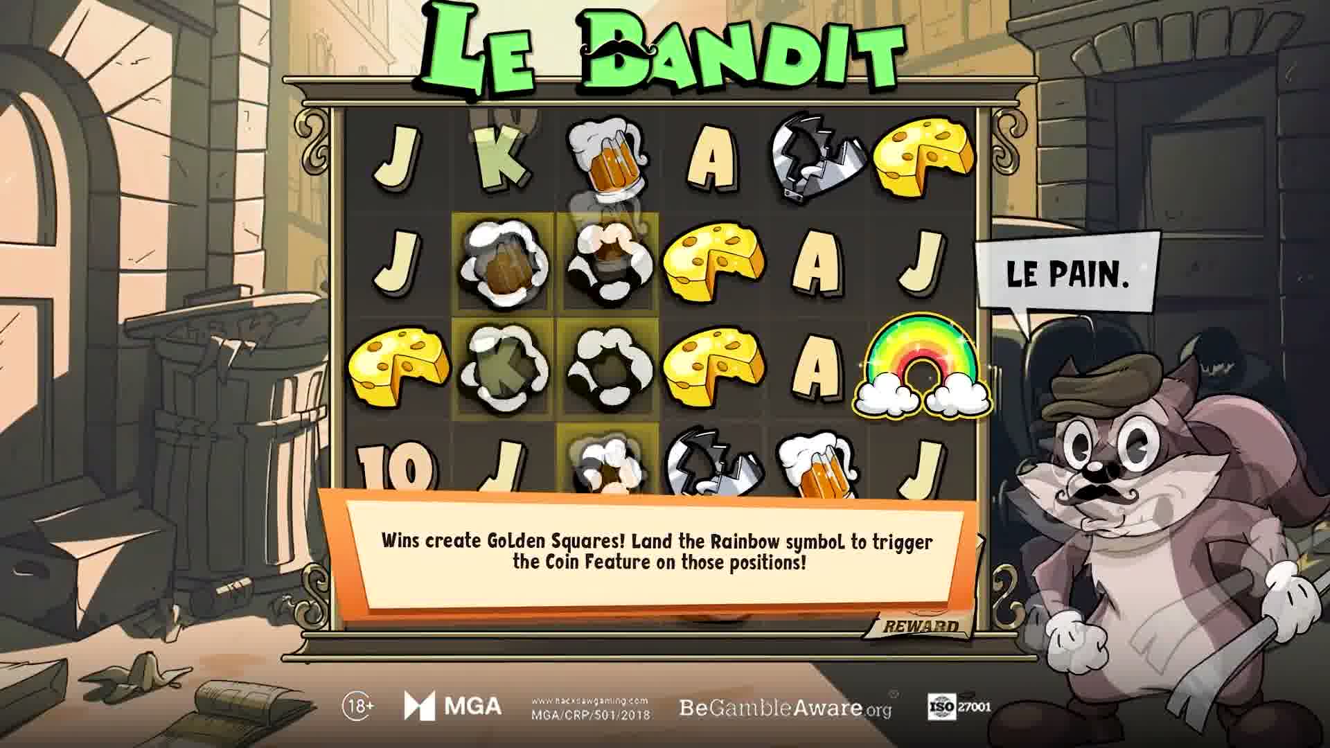 Le Bandit base game grid showing Golden Squares building up after a cluster win