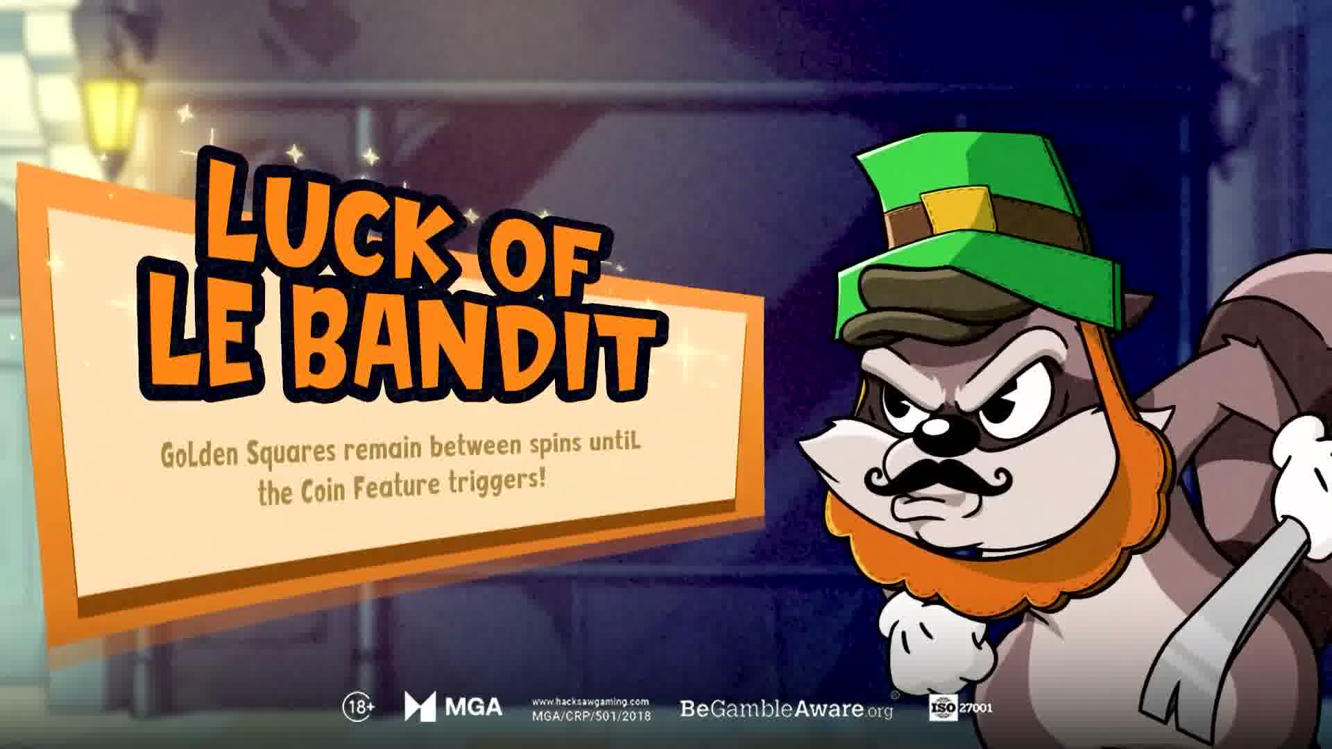 Luck of Le Bandit bonus round title card featuring a leprechaun-style raccoon character