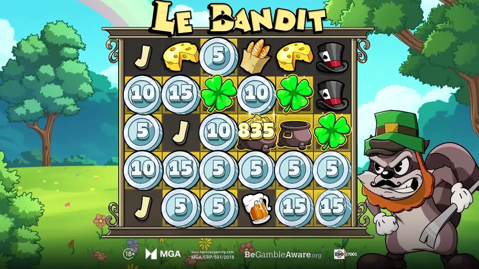 Le Bandit Rainbow Treasures bonus round with coin values and a pot-of-gold jackpot symbol on the grid