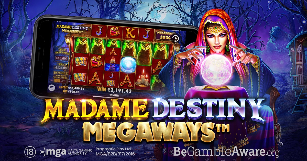 Madame Destiny Megaways official key art showing the fortune teller character reading a glowing crystal ball, next to a mobile screenshot of the Megaways reels mid-spin