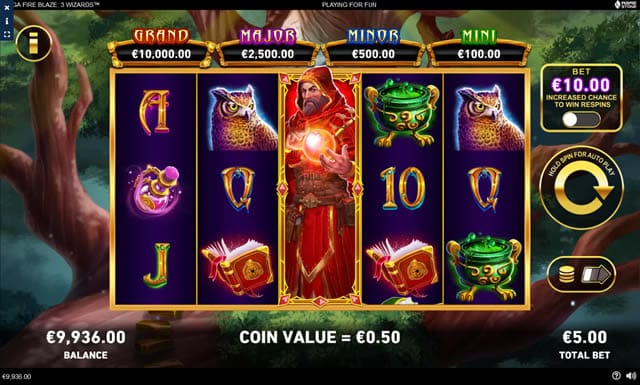 Mega Fire Blaze 3 Wizards base game reels showing the Red Wizard symbol alongside owl and card royal symbols, with the jackpot ladder above
