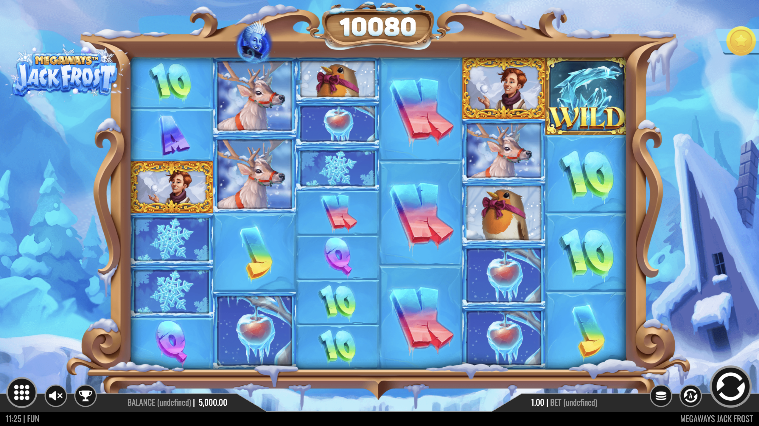 Megaways Jack Frost base game reels showing frosted card symbols, a reindeer, a robin and the Jack character card
