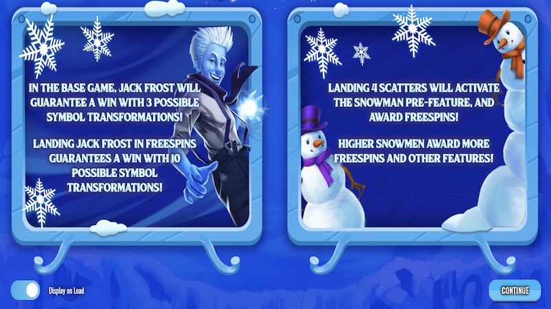 Megaways Jack Frost feature explainer screens showing the Jack Frost guaranteed-win transformation and the Snowman Pre-Feature free spins trigger