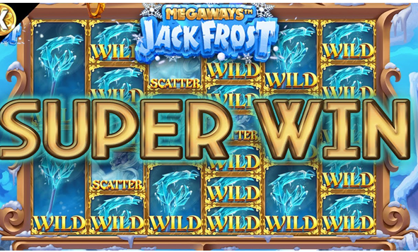 Megaways Jack Frost Super Win screen showing a reel full of Wild and Scatter symbols