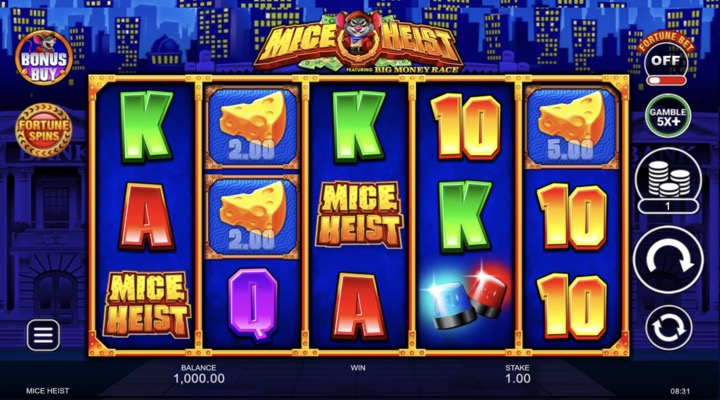 Mice Heist gameplay screenshot showing the reel grid with Cheese Cash coin symbols and a police siren symbol